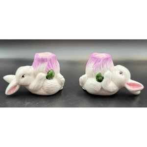 Set of 2 Vintage Bunny Rabbit Purple Flower Candleholders, Springtime, Ceramic